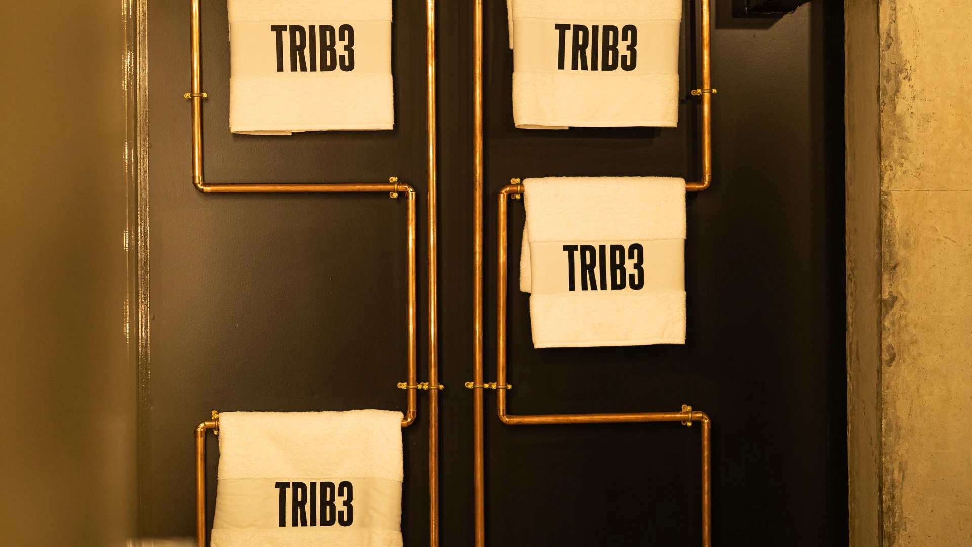 TRIB3 towels in display at the changing room